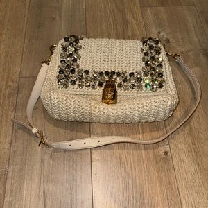 Dolce and Gabbana Crystal Embellished Raffia Flap Shoulder Bag